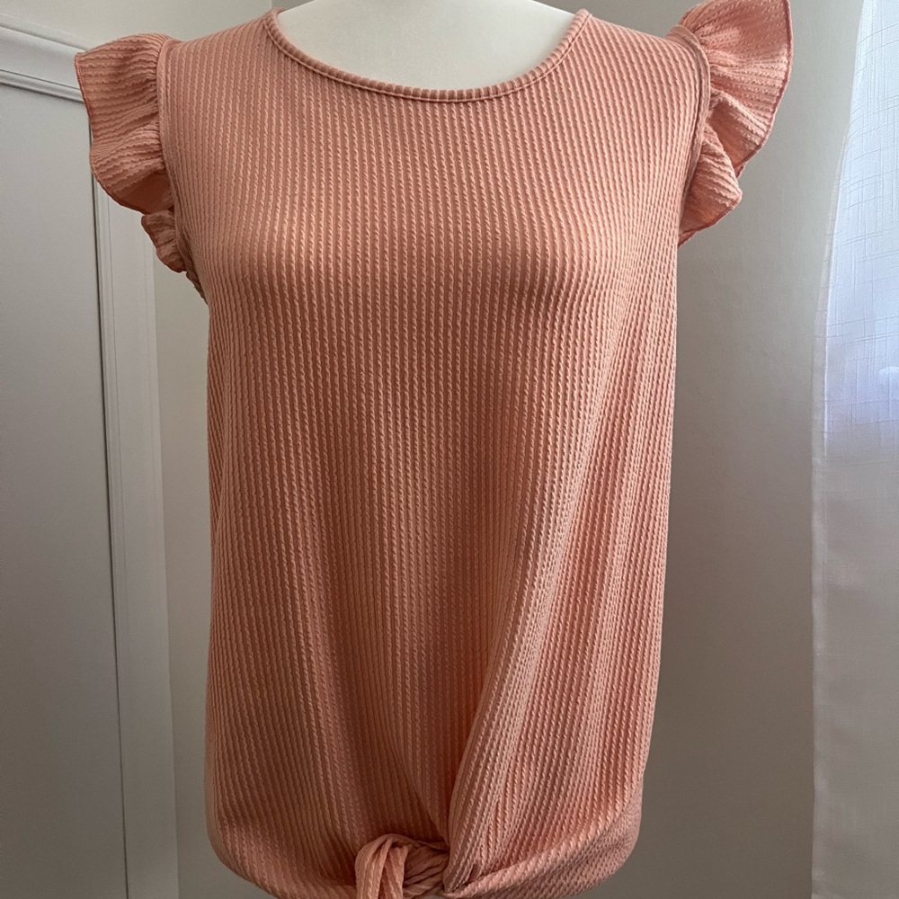 Peachy/Pink Ribbed Ruffled Cap Sleeve Blouse with Tie Front